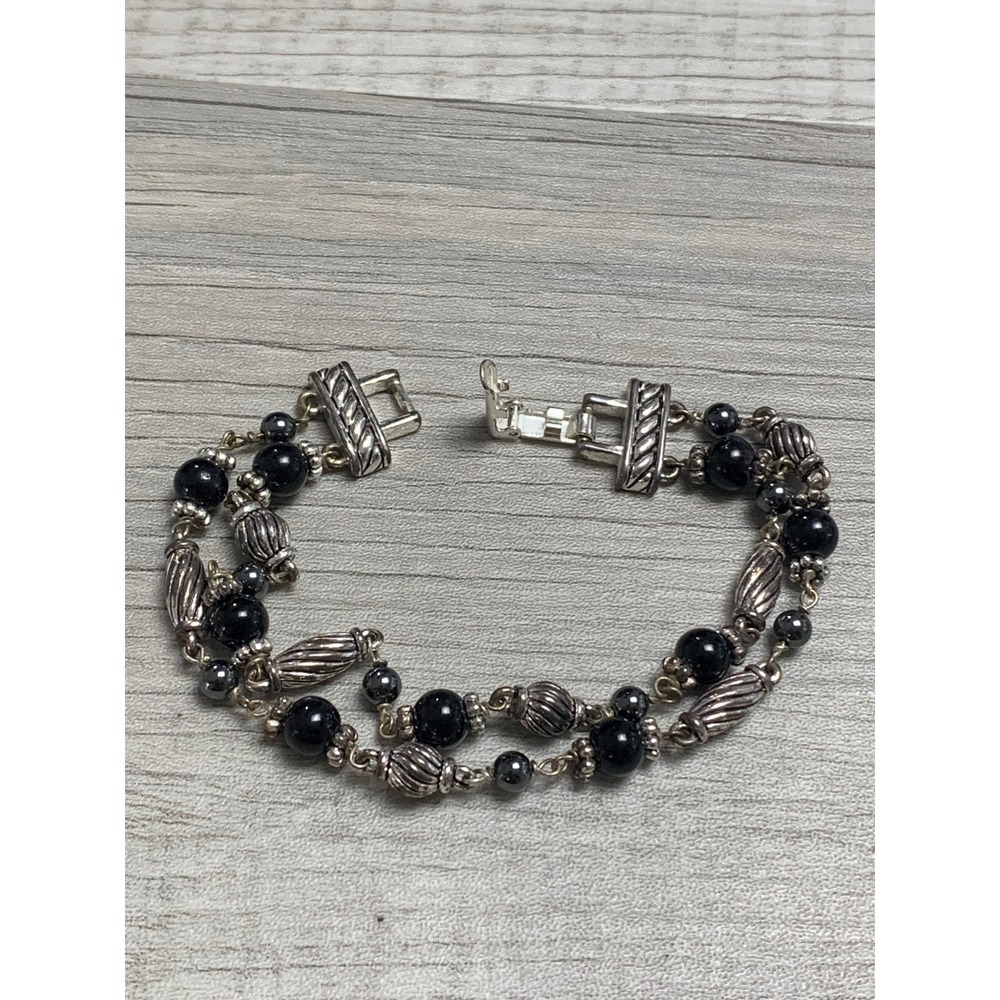 Napier Vintage Double Strand Black and Silver Tone Beaded Bracelet 6 Inch